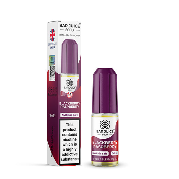 Bar Juice 5000 Blackberry Raspberry e-liquid 5mg bottle and packaging on a white background
