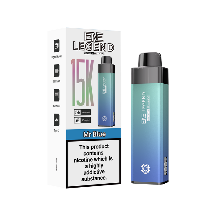 Elux Legend vape device and packaging on a white background mr blue elux vape kit 