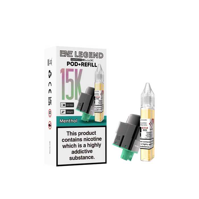 Elux Legend menthol vape pod and refill packaging on a white background