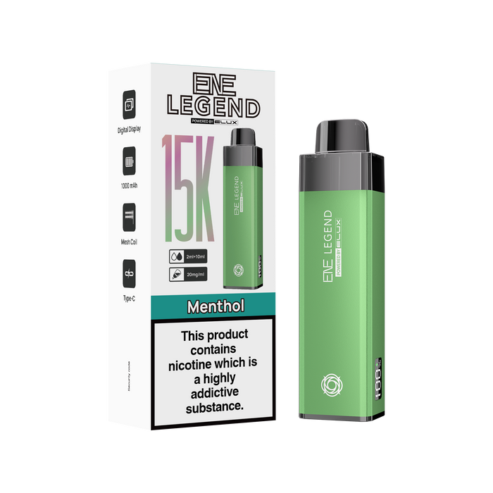 Elux Legend vape device and packaging on a white background menthol elux flavour 15k