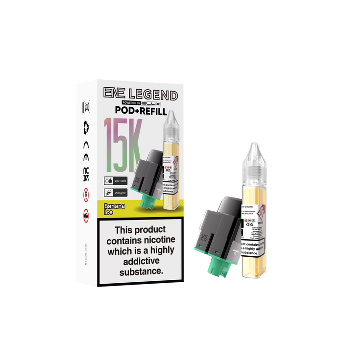 Elux legend banana ice elux  pod and refill packaging with nicotine warning label on a white background