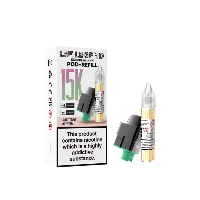 Elux legend summer dream elux Pod and Refill packaging with nicotine warning on a white background