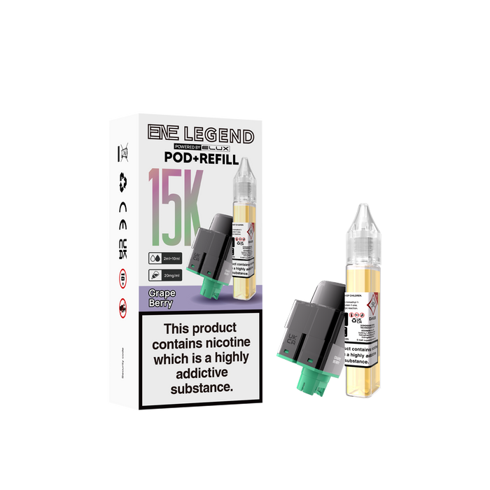 Elux Legend grape berry elux Pod and Refill packaging with nicotine warning label on a white background