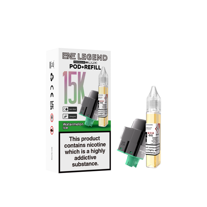 Elux Legend watermelon ice elux vape pod and refill packaging with nicotine warning on a white background