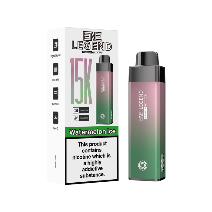 Elux Legend vape device and packaging on a white background watermelon ice flavour elux
