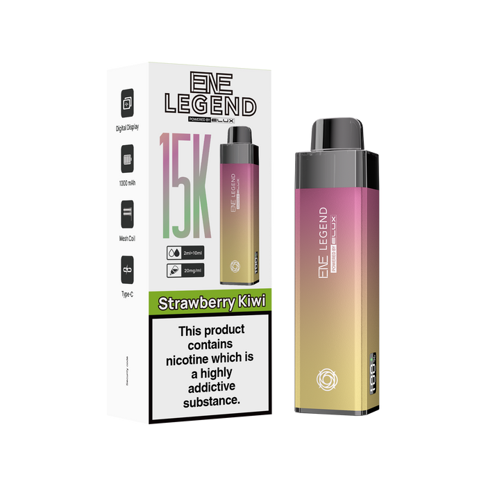 Elux Legend vape device and packaging with strawberry kiwi flavor on a white background