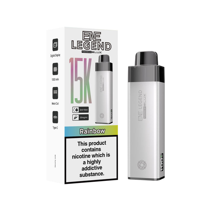 Elux Legend vape device and packaging on a white background Rainbow kit 
