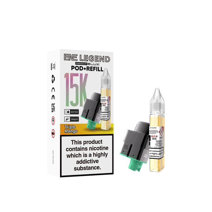 E-Liquid Pod and Refill packaging with nicotine warning label on a white background Triple mango elux legend  pods