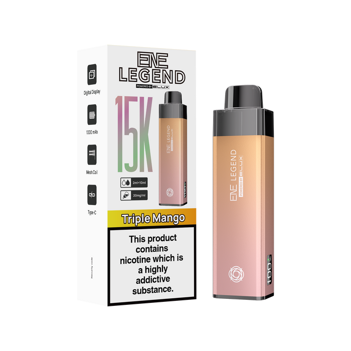 Elux Legend vape device and packaging on a white background Triple mango kit 