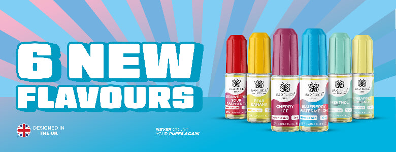Bar Juice Nic Salts with '6 New Flavours' text on a blue background.