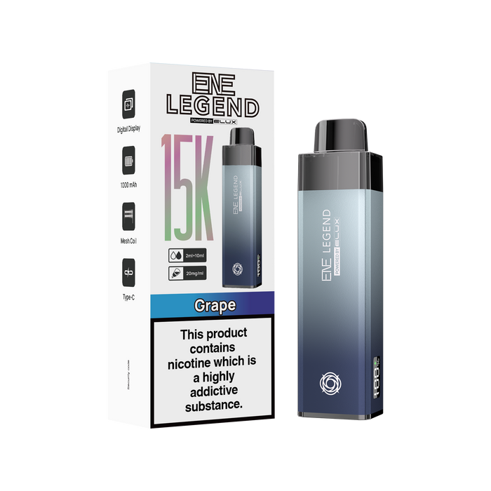 Elux Legend vape device kit and packaging on a white background grape