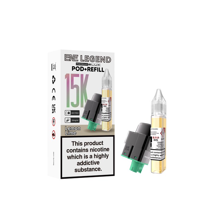 Elux legend lemon lime elux  Pod and Refill packaging with nicotine warning label on a white background