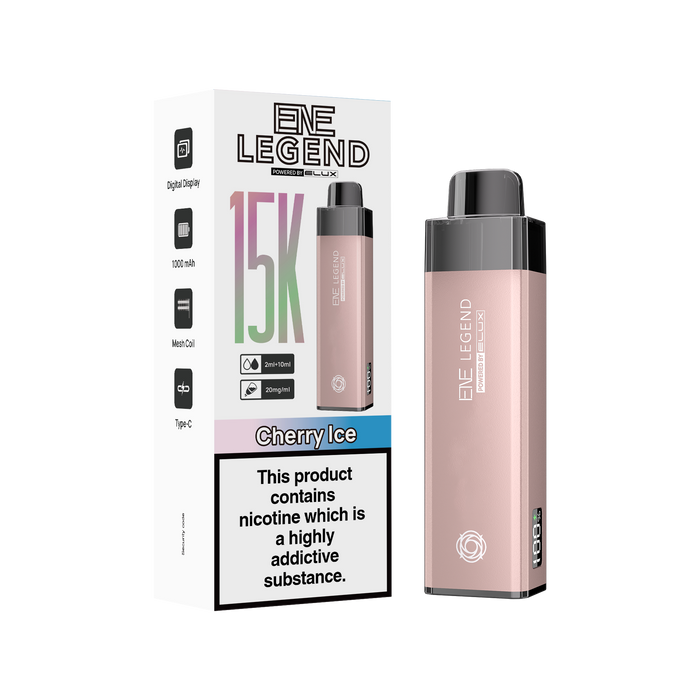 ENE Elux Legend vape device and packaging on a white background Cherry Ice 