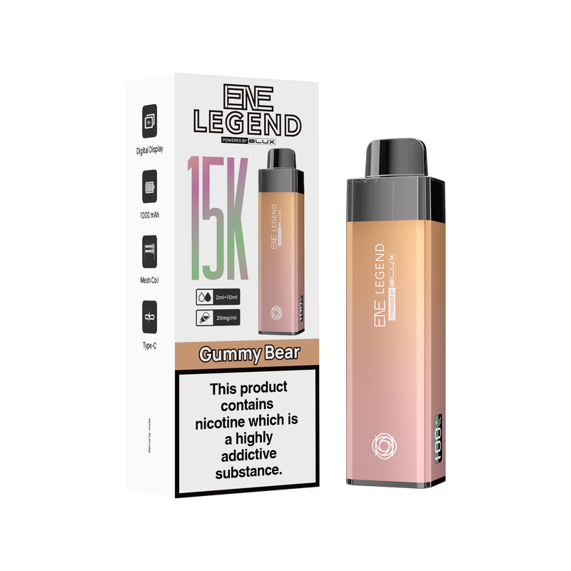 Elux Legend vape device and packaging on a white background elux gummy bear