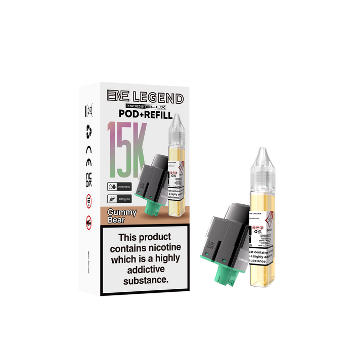 Elux legend gummy bear elux pod and refill packaging with nicotine warning label on a white background