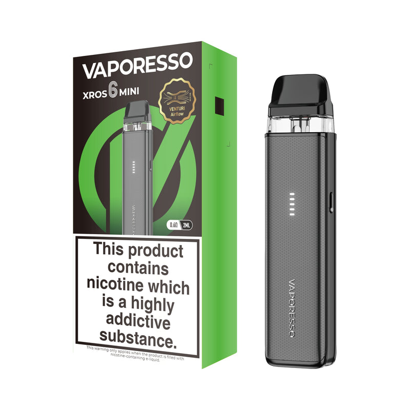 Vaporesso XROS 6 Mini vaping device black and packaging on a white background