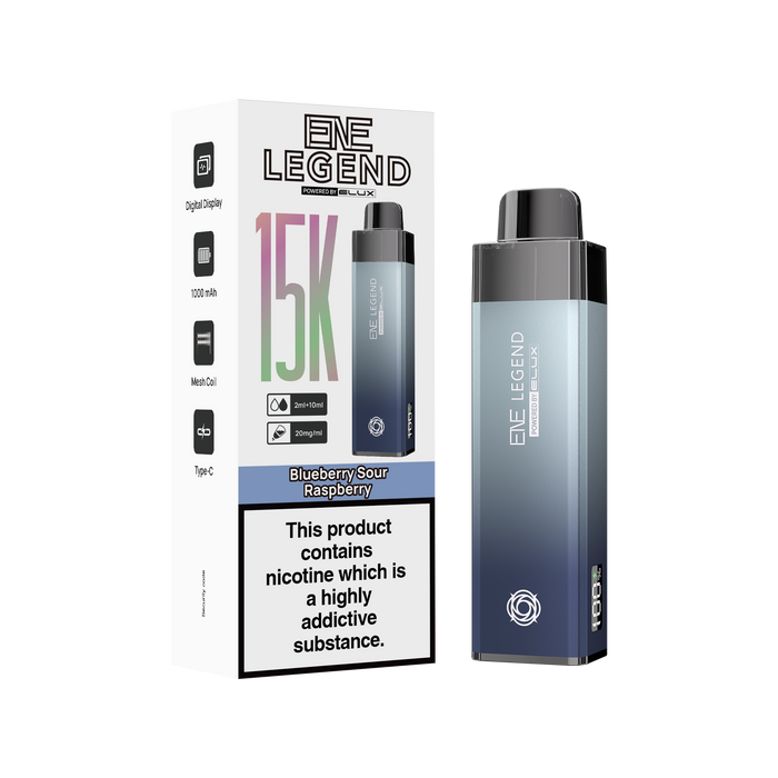 Elux Legend vape device and packaging on a white background blueberry sour raspberry vape kit elux