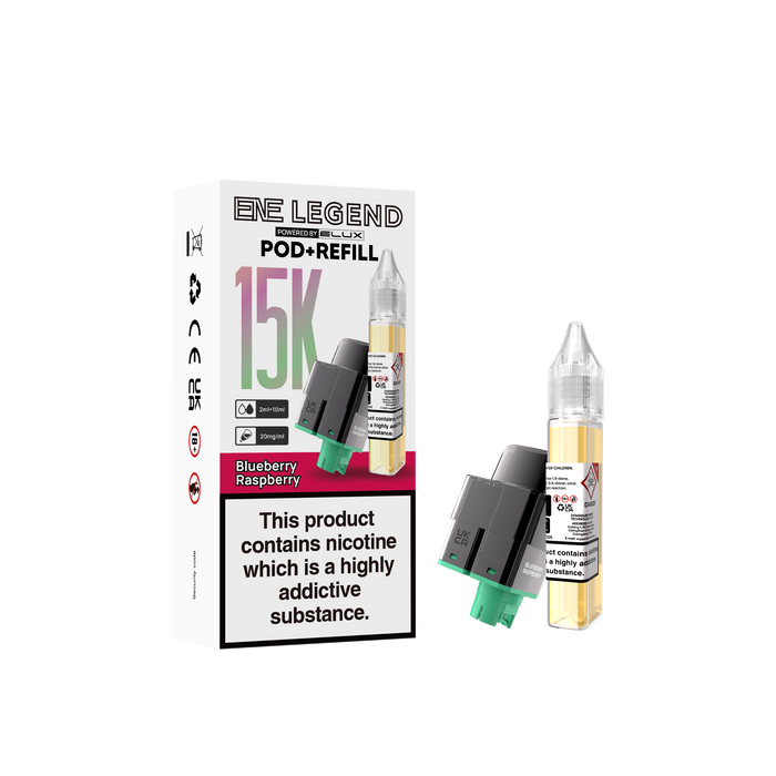 Elux legend blueberry raspberry Pod and Refill packaging with nicotine warning label on a white background