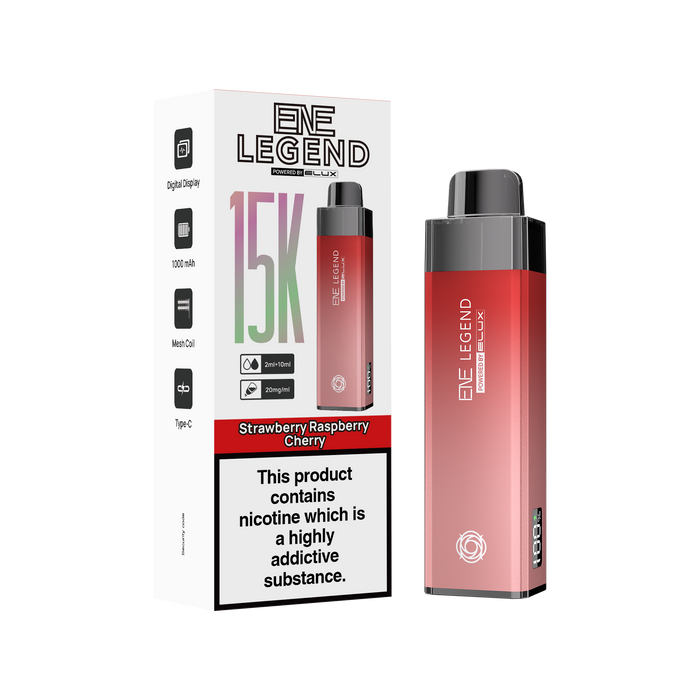 Elux Legend vape device and packaging on a white background strawberry cherry raspberry elux kit 