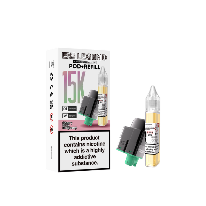 Elux legend Pod and Refill packaging with nicotine warning label on a white background