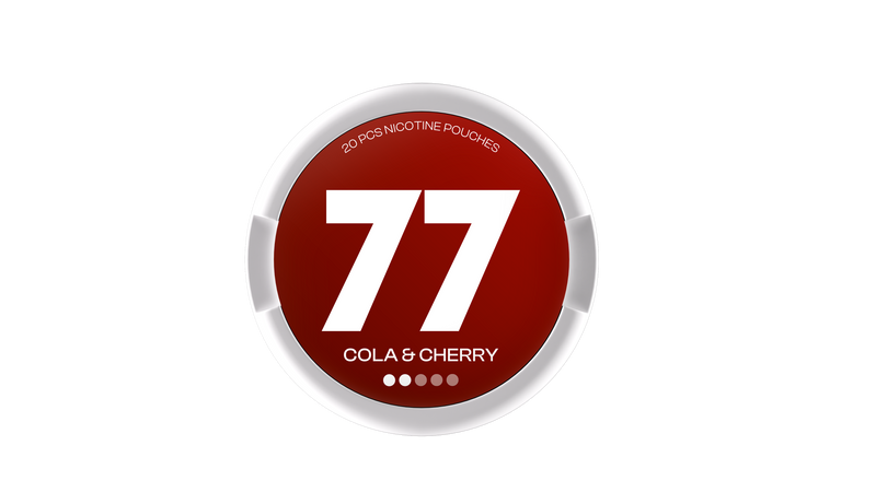 77 Nicotine Pouch Cola & cherry in white writing on a red tub 2 dot strength