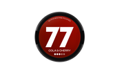 77 Nicotine Pouch Cola & cherry in white writing on a red tub 3 dot strength