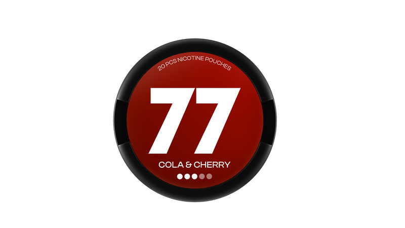 77 Nicotine Pouch Cola & cherry in white writing on a red tub 3 dot strength