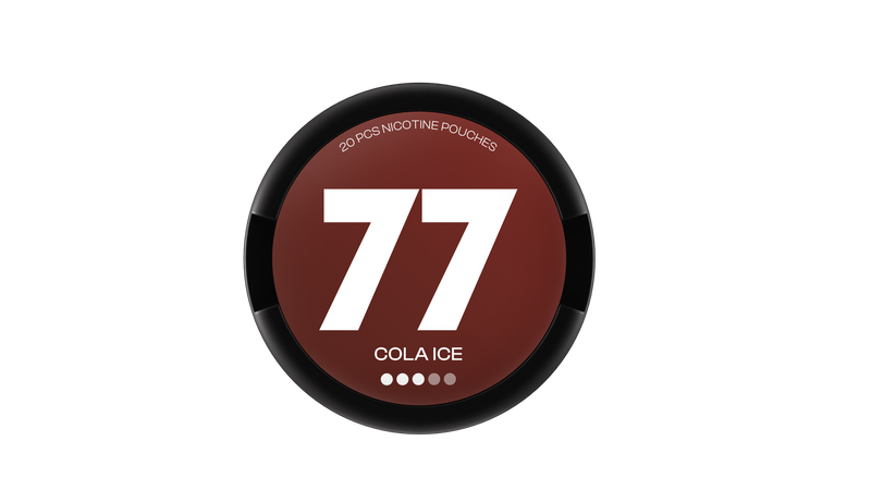 77 Nicotine Pouch Cola ice in white writing on a burgundy tub 3 dot strength