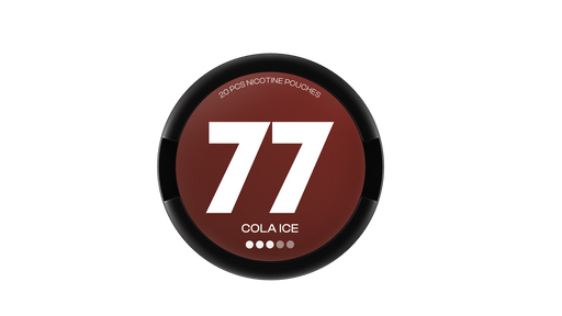 77 Nicotine Pouch Cola ice in white writing on a burgundy tub 3 dot strength
