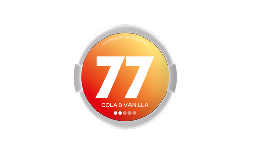 77 Nicotine Pouch Cola & vanilla in white writing on a orange tub 2 dot strength