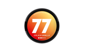 77 Nicotine Pouch Cola & vanilla in white writing on a orange tub 3 dot strength