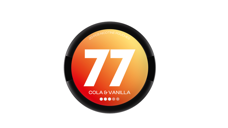 77 Nicotine Pouch Cola & vanilla in white writing on a orange tub 3 dot strength