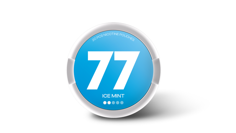 77 Nicotine Pouch Ice mint in white writing on a blue tub 2 dot strength