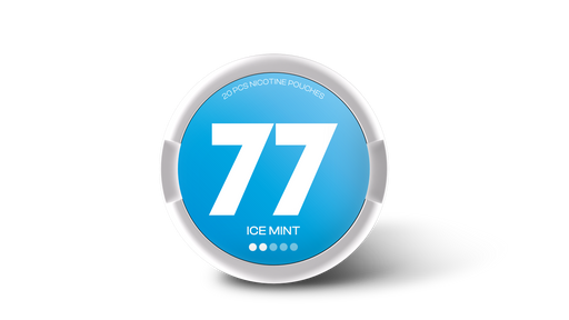 77 Nicotine Pouch Ice mint in white writing on a blue tub 2 dot strength