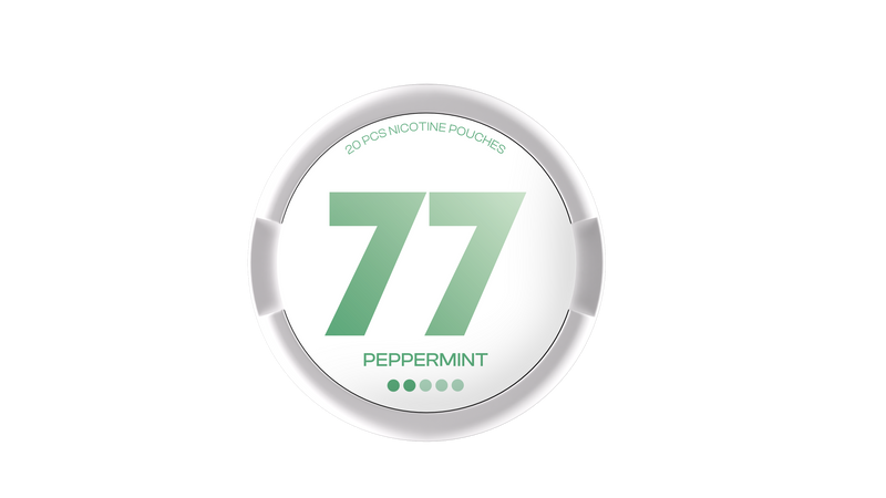 77 Nicotine Pouch Peppermint ice in green writing on a white tub 2 dot strength