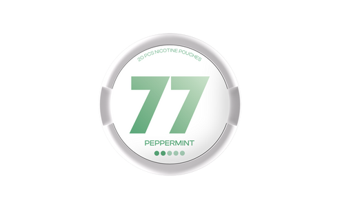 77 Nicotine Pouch Peppermint ice in green writing on a white tub 2 dot strength