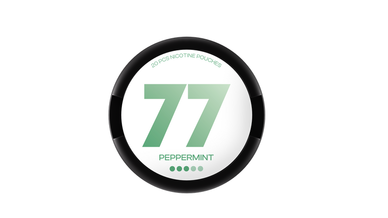 77 Nicotine Pouch Peppermint ice in green writing on a white tub 3 dot 