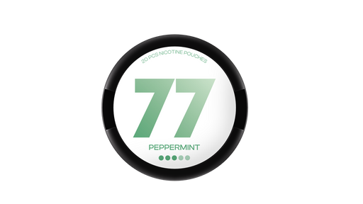 77 Nicotine Pouch Peppermint ice in green writing on a white tub 3 dot 