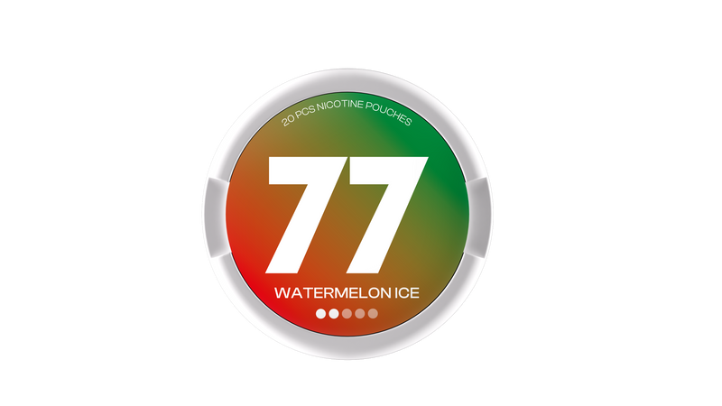 77 Nicotine Pouch Watermelon ice in white writing on a red and green tub 2 dot strength