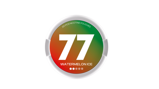 77 Nicotine Pouch Watermelon ice in white writing on a red and green tub 2 dot strength