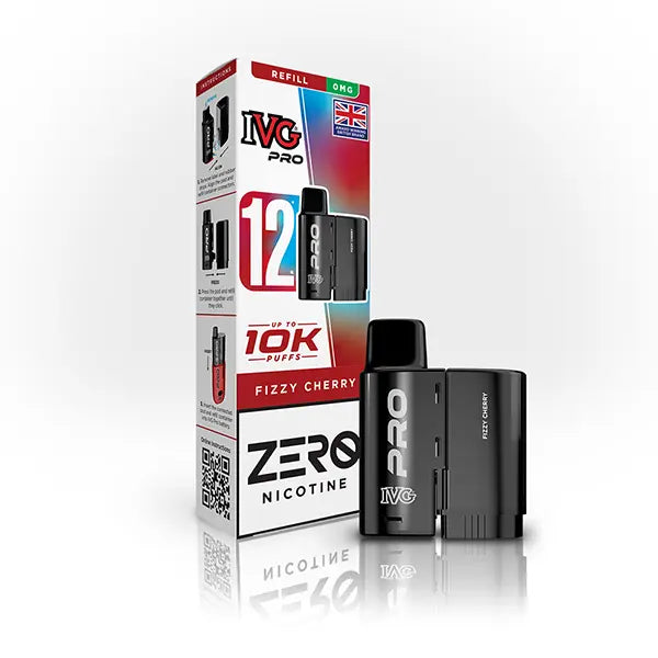 IVG Pro fizzy cherry vaping pod and packaging on a white background