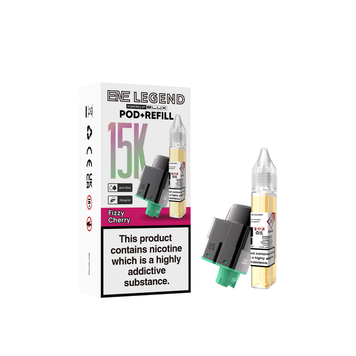 Elux legend fizzy cherry elux pod and refill packaging with nicotine warning on a white background