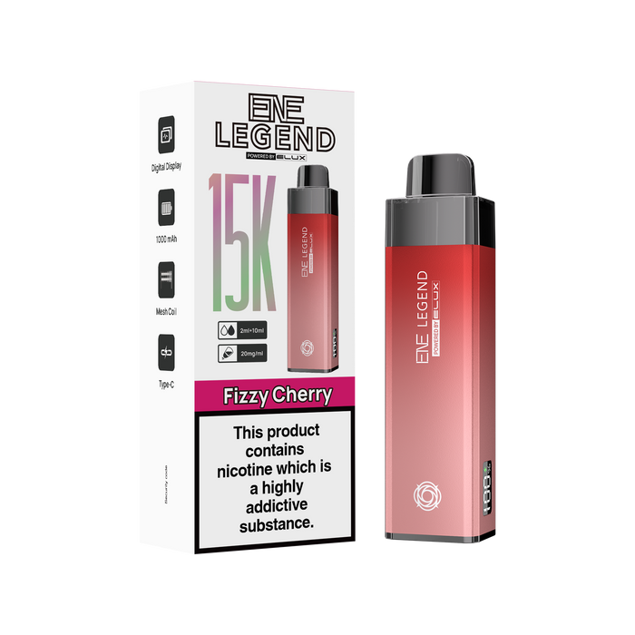 Elux Legend vape device and packaging on a white background elux 15k vape kit fizzy cherry 