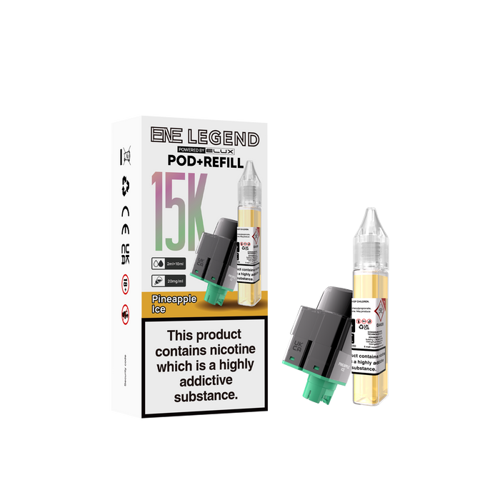 Elux legend Pod and Refill packaging with nicotine warning label on a white background