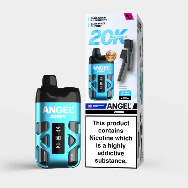 Sky Blue Edition Angel vape device and packaging on a white background