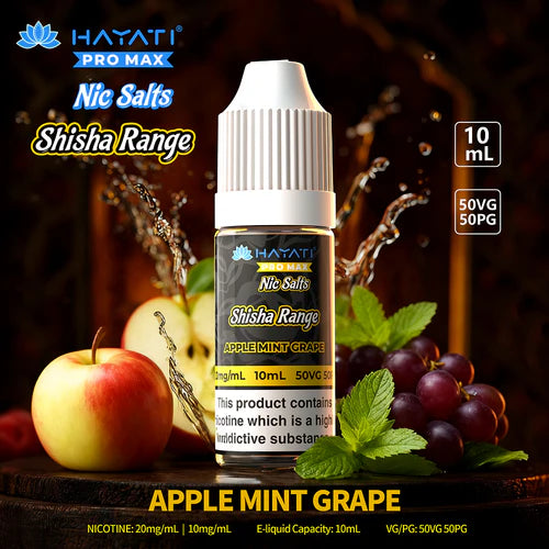Hayati Pro Max Nic Salts Shisha Range Apple Mint Grape e-liquid bottle with fruits and mint leaves on a dark background