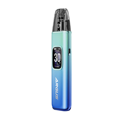 Blue argus g3 vape device with digital display on a white background