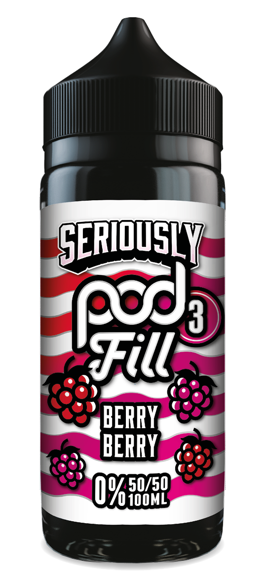 Vape juice bottle with berry flavour label on a white background doozy