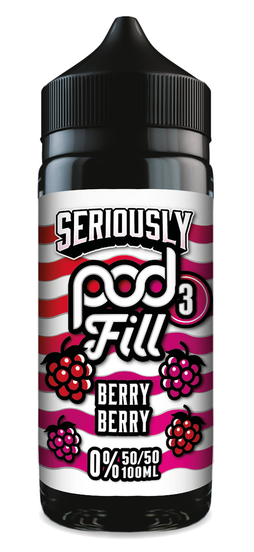 Vape juice bottle with berry flavour label on a white background doozy