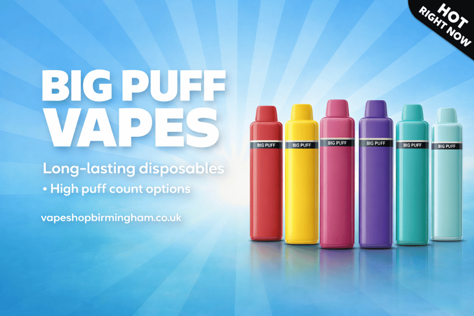 Promotional graphic for Big Puff Vapes showing six disposable vape devices in red, yellow, pink, purple, teal, and mint on a blue sunburst background, with text reading 'BIG PUFF VAPES' and a 'HOT RIGHT NOW' banner.